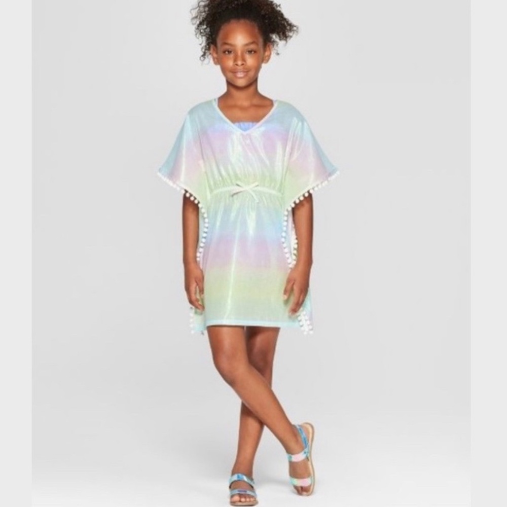 Cat & Jack Rainbow Simmer Pom Pom Swim Coverup NWT